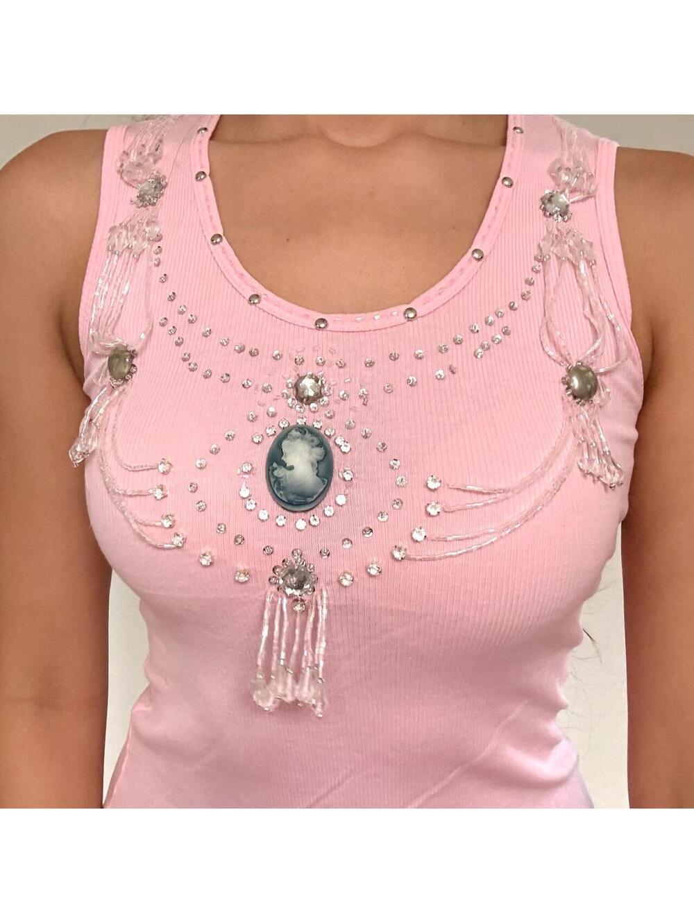 Y2K deadstock baby pink beaded rhinestone tank top